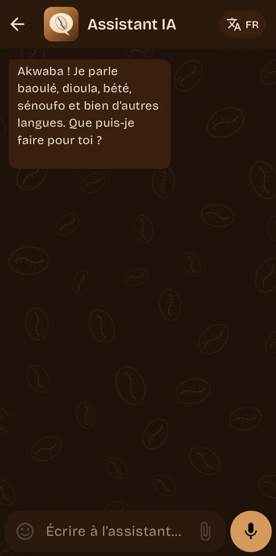 Écran de l’assistant IA d’Aosei : « Akwaba ! Je parle baoulé, dioula, bété, sénoufo et bien d’autres langues. Que puis-je faire pour toi ? »