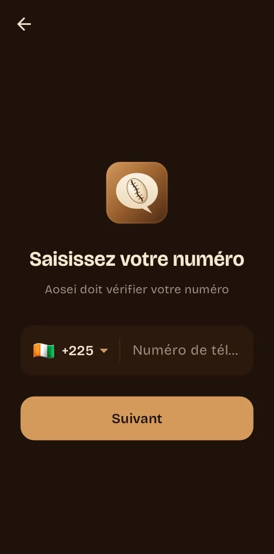 Écran d'inscription Aosei : « Saisissez votre numéro », avec l'indicatif +225 de la Côte d'Ivoire.