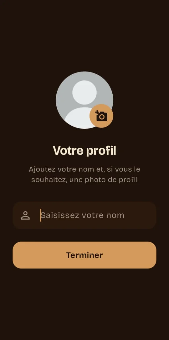 Écran d'inscription Aosei : « Votre profil », avec le champ du nom et l'ajout d'une photo.